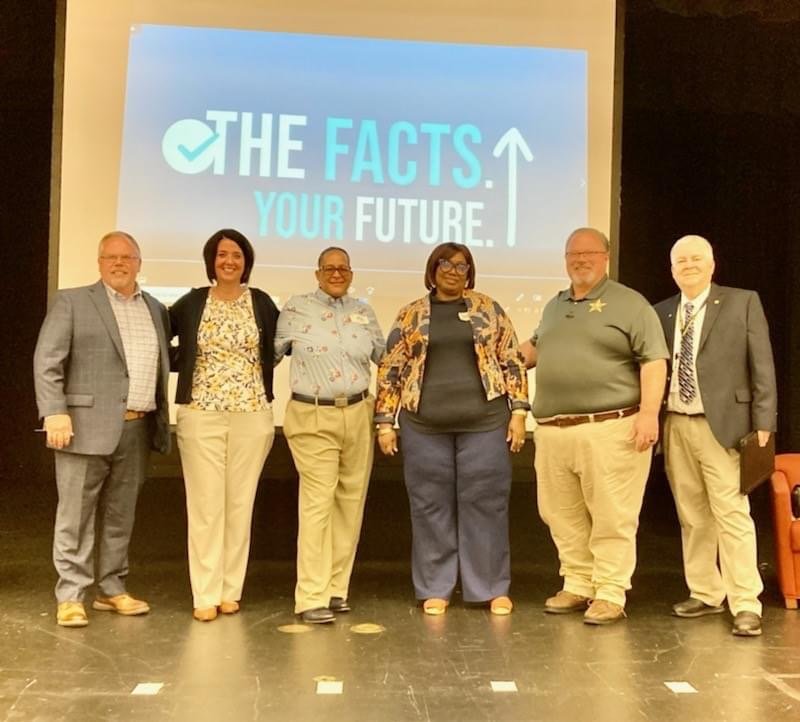 Pictured from left to right are Okeechobee County School Superintendent Ken Kenworthy, OHS Principal Lauren Myers, Special Guest Speaker Sheryl Rutledge, Asst. Chief Probation Officer Ann Marie Campbell, Okeechobee County Sheriff Noel E. Stephen, and Okeechobee Health Department Director Brett Smith.